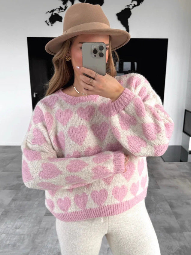 Heart Jacquard Color Contrast Short Knitted Valentine's Day Sweater-5