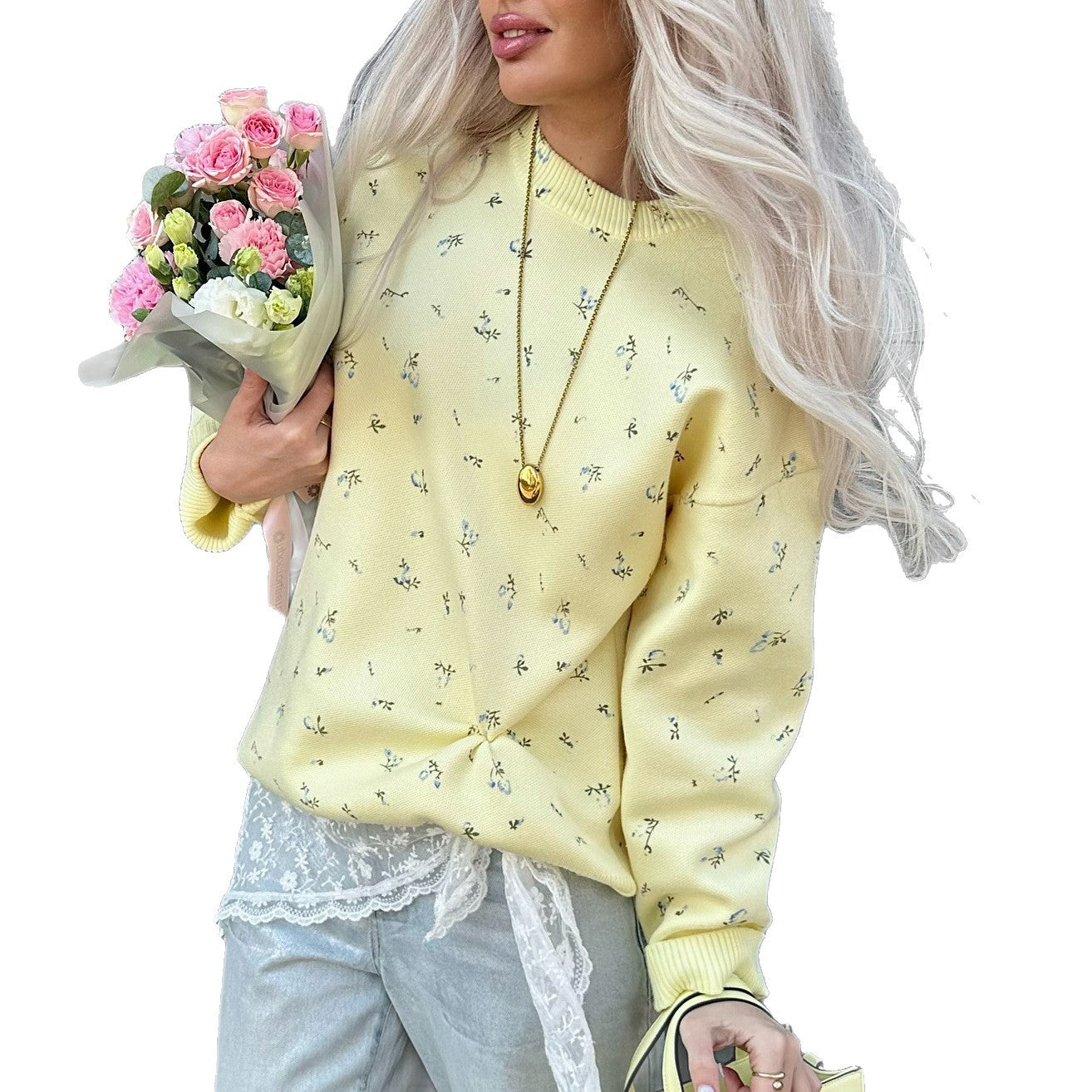 Womens European And American-style Chic Floral-print Crew-neck Pullover Sweater-1
