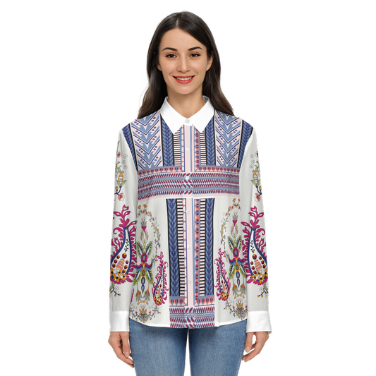 Women's Santorini Motif Classic Long Sleeve Button-Up Shirt-0