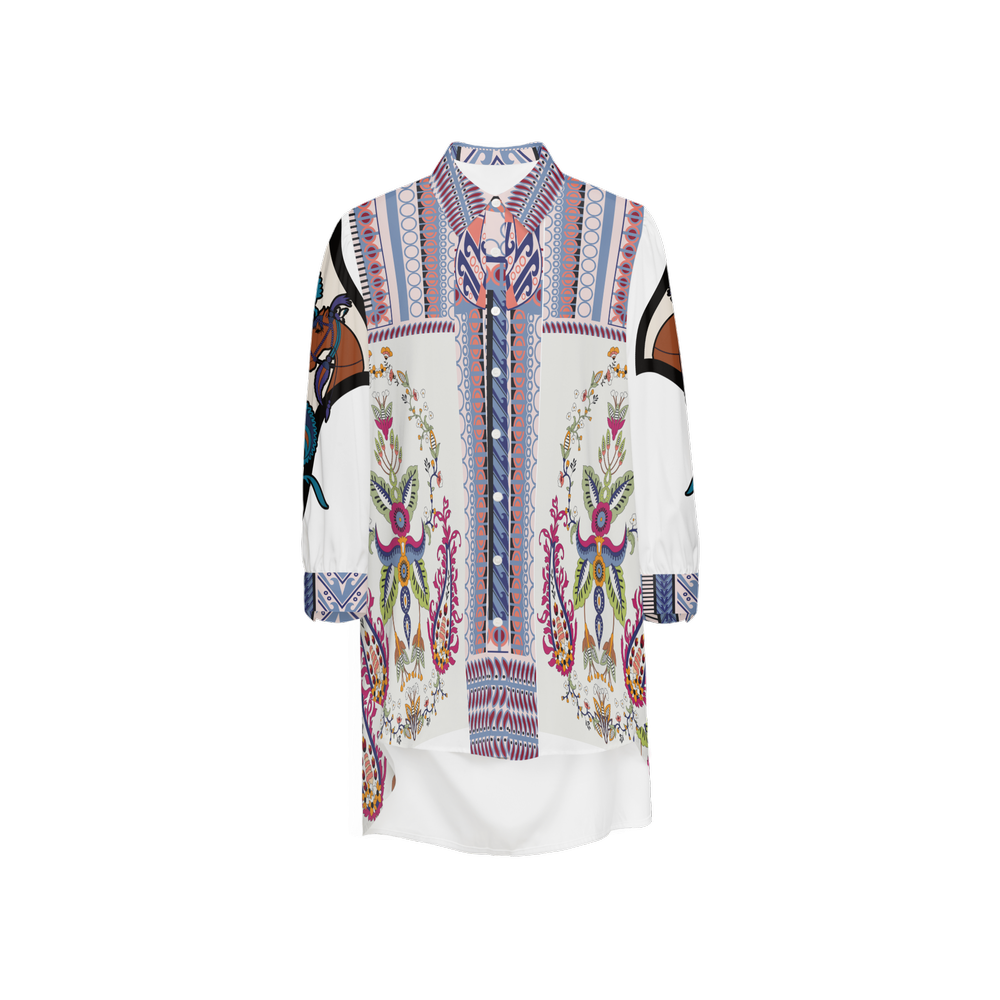 Santorini Motif Women's Asymmetric Long-Sleeve Hem Shirt-3