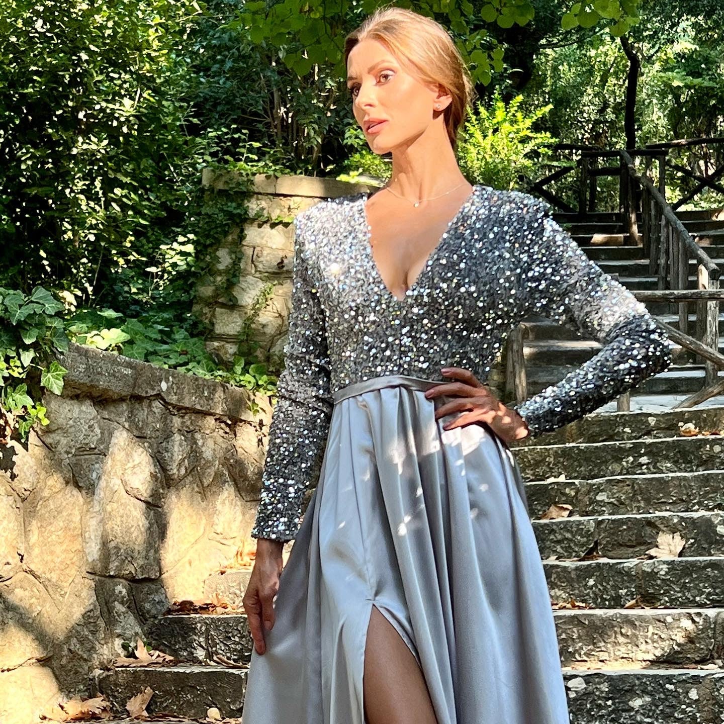 Baroness Henrietta Velvet Sequin Silver Dress-0