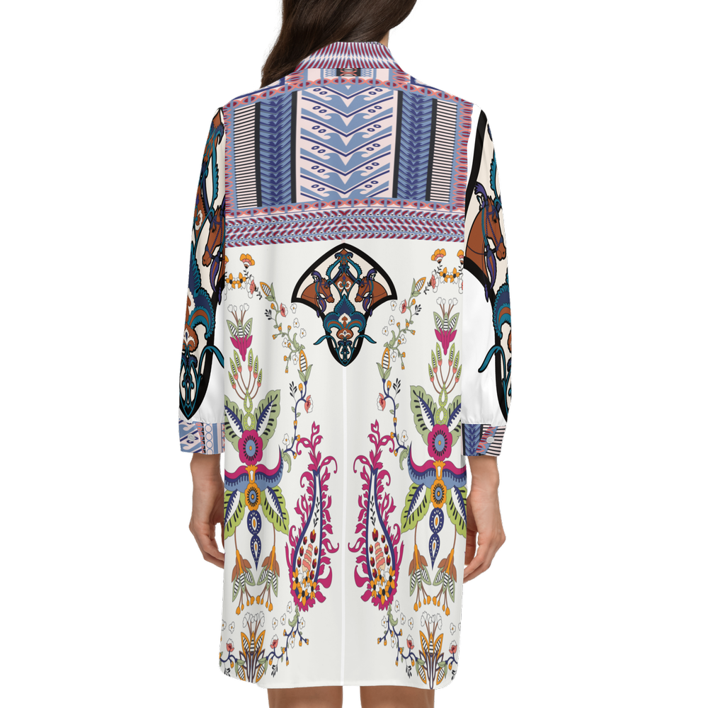 Santorini Motif Women's Asymmetric Long-Sleeve Hem Shirt-2
