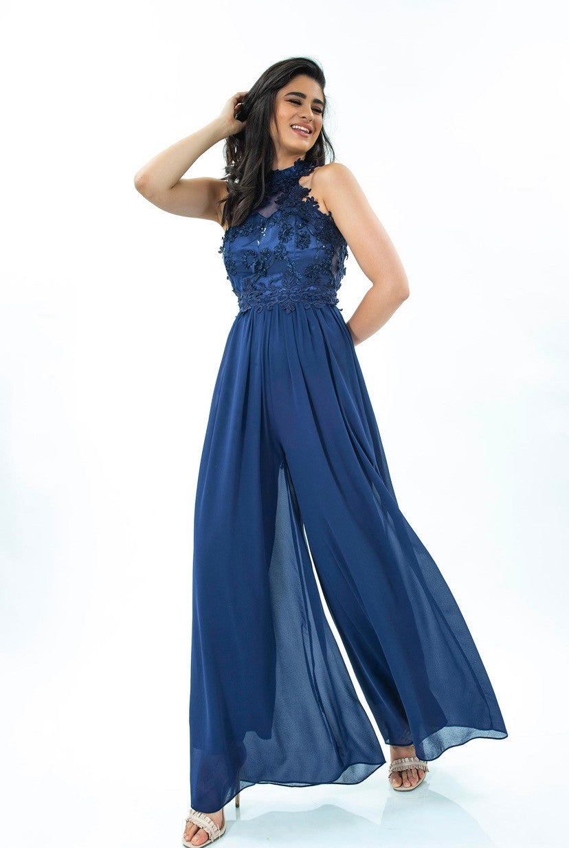 Heavy Blu Jumpsuit with lace & Open Back-0