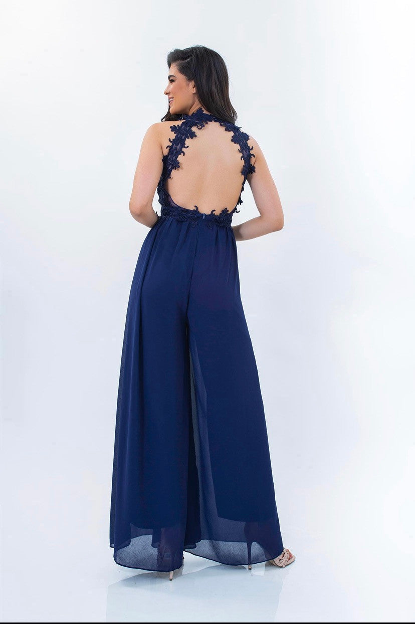 Heavy Blu Jumpsuit with lace & Open Back-1