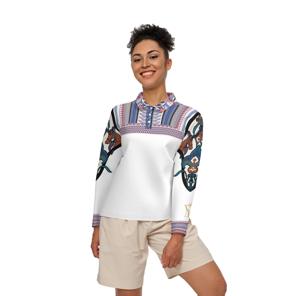 Santorini motif Women's Long-Sleeve Polo Shirt-0