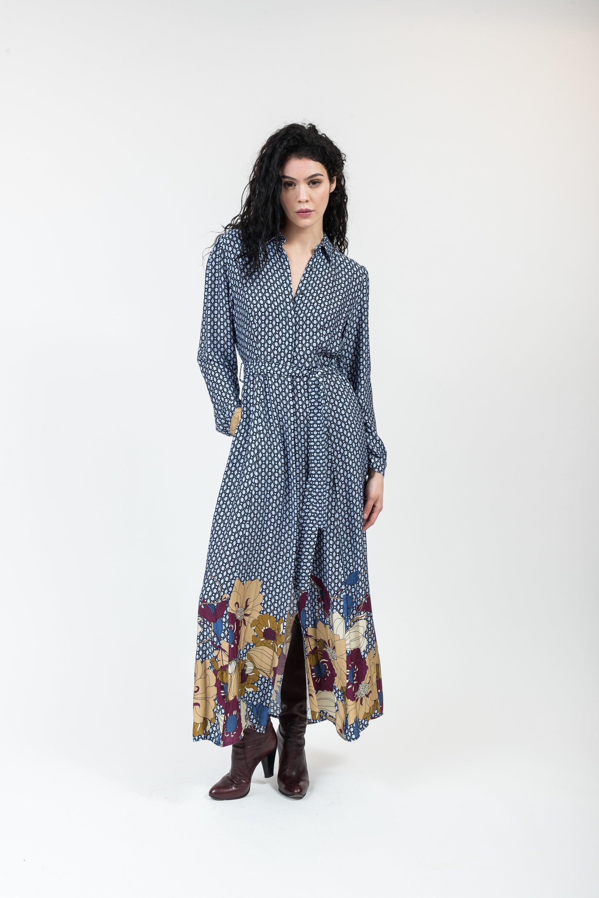 Blue Long Winter Chemise dress with long sleeves and flowers pattern-0