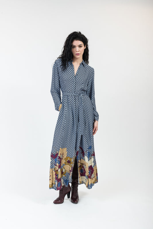 Blue Long Winter Chemise dress with long sleeves and flowers pattern-0