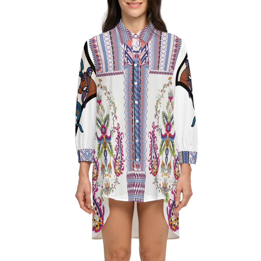 Santorini Motif Women's Asymmetric Long-Sleeve Hem Shirt-0