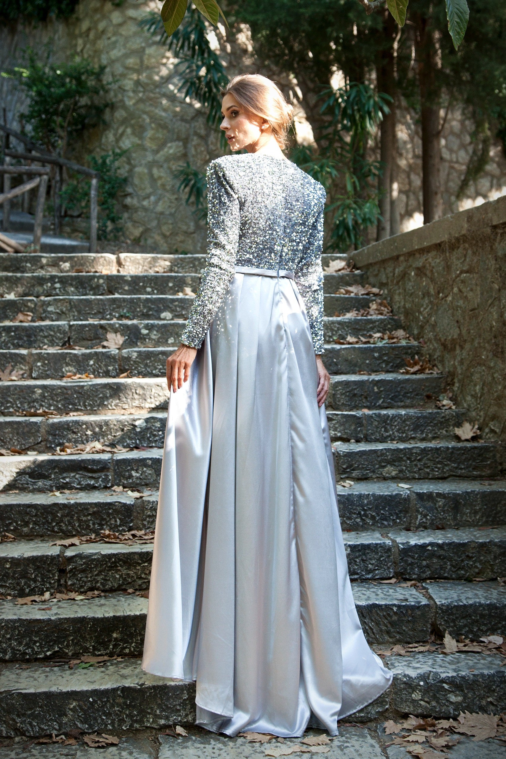 Baroness Henrietta Velvet Sequin Silver Dress-3