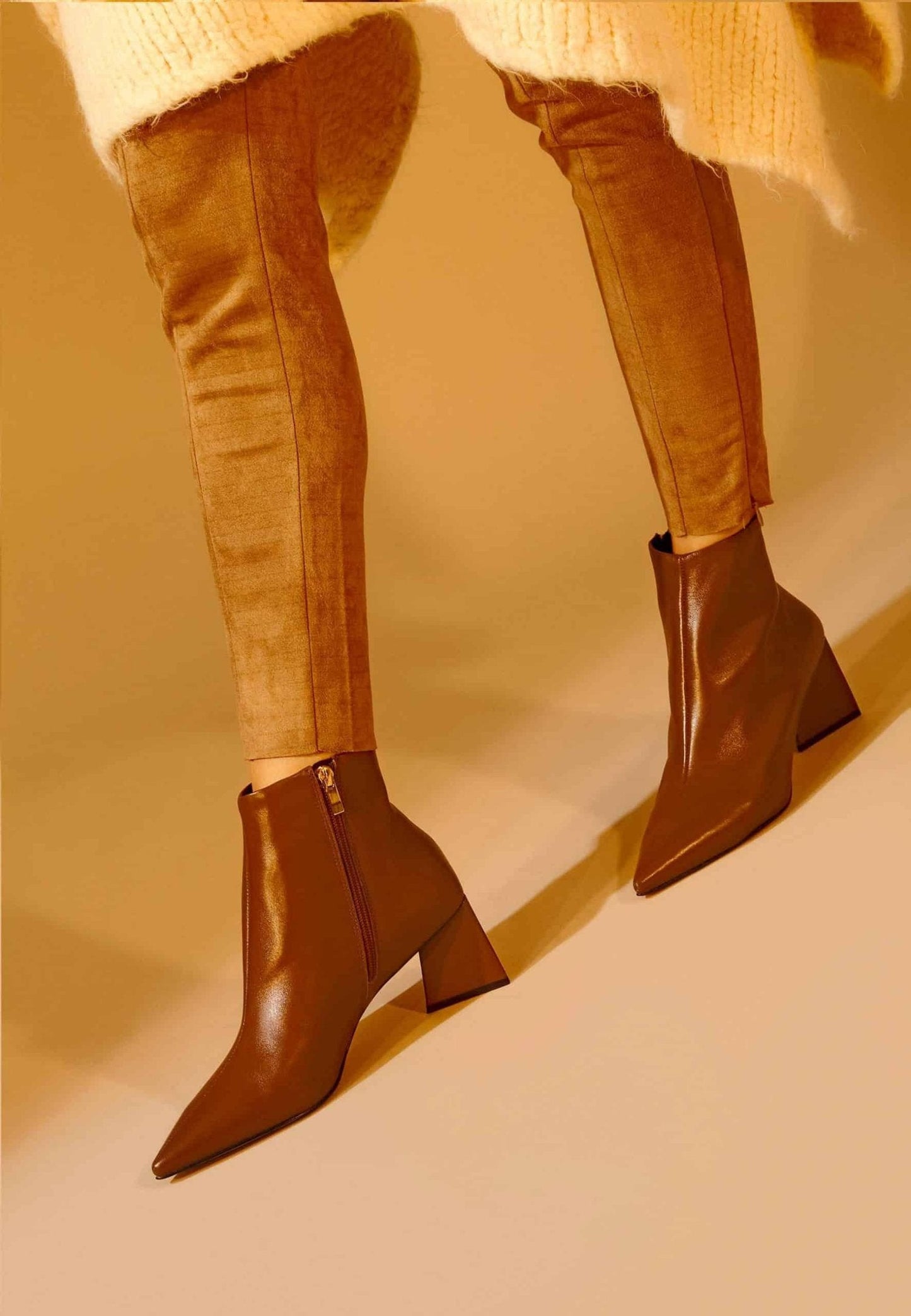 Mabea Brown Sheepskin Ankle Boots – 6.4cm Pointed Block Heel