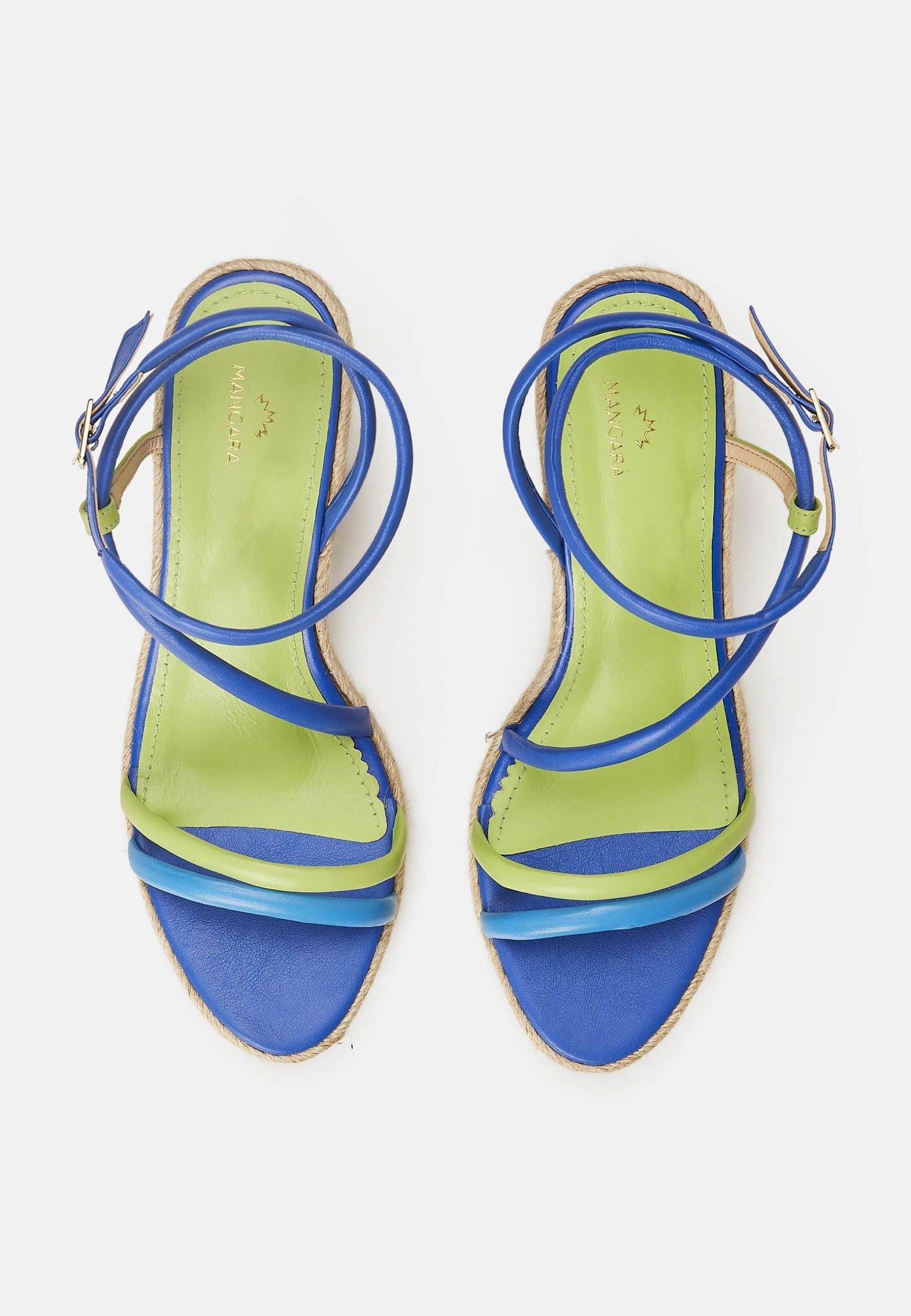 Romã Blue Leather Espadrille Wedges – Jute Platform